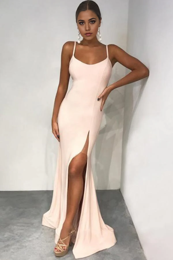 Mermaid Spaghetti Straps Floor-Length Pearl Pink evening gown Prom Dress with Split